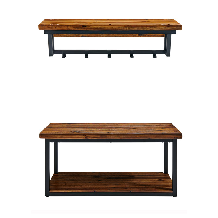 The Twillery Co.® Sturminster 40" Wide Rustic Solid Wood Metal Frame Coat Hook And Bench Set